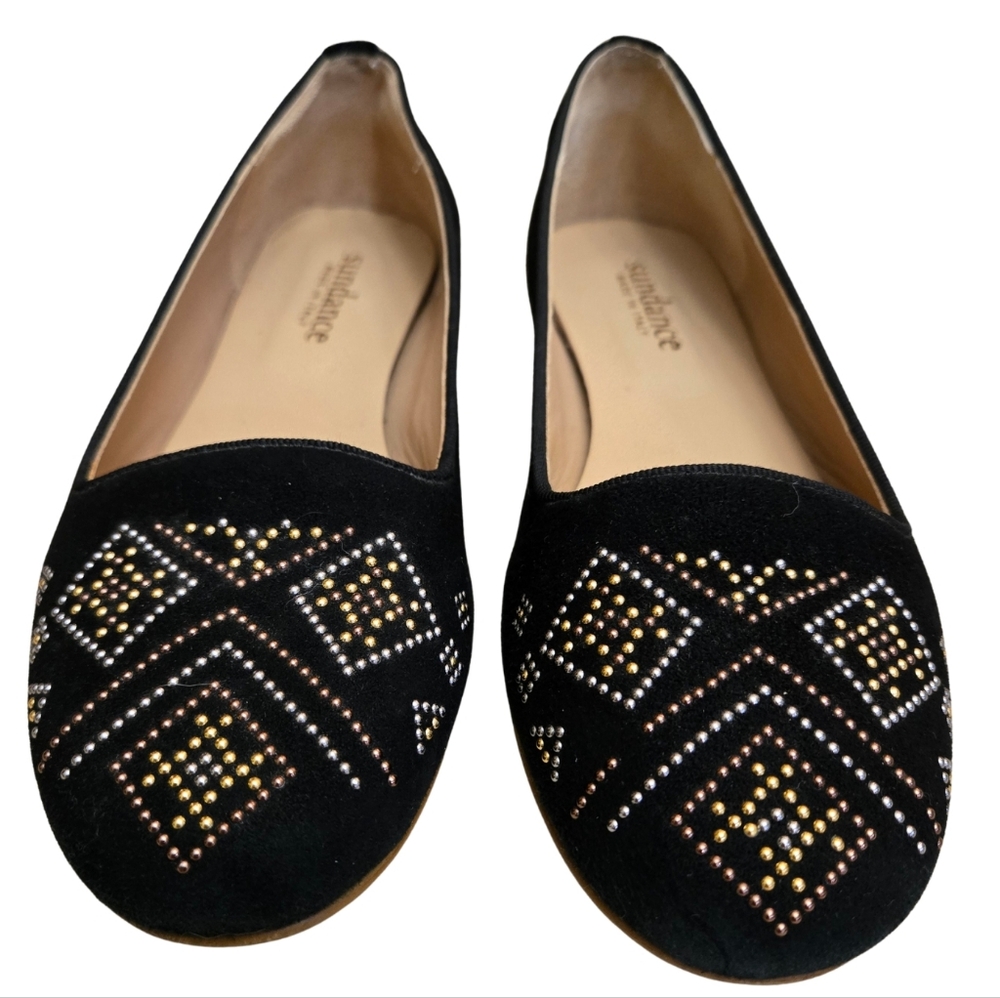 Sundance Black Suede Ballet Flats with Gold and Silver Embellishments - Size 37